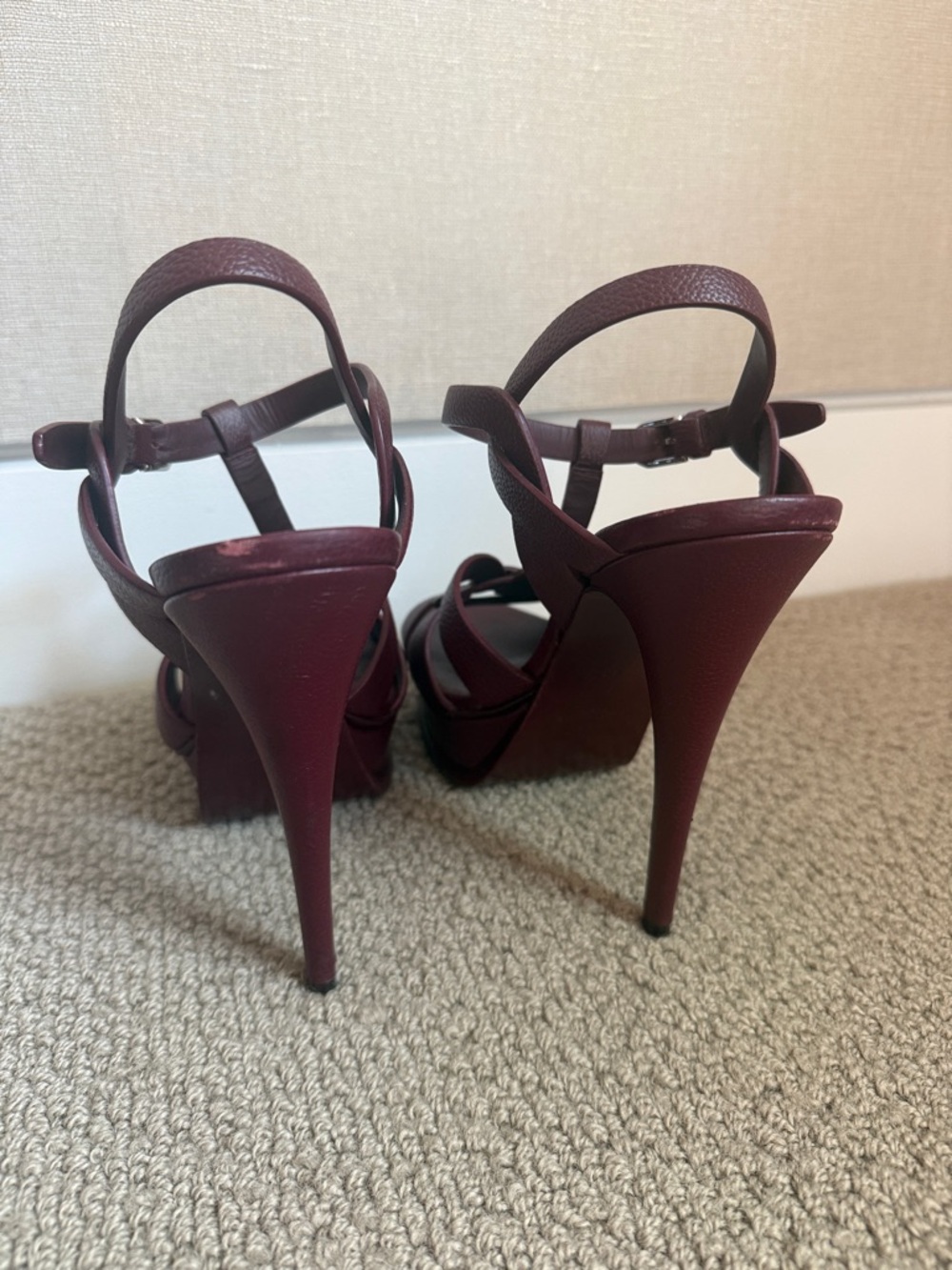 Saint Laurent Burgundy Leather Woven T-Strap Heels - Picture 6 of 7